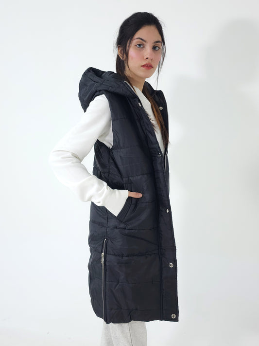 WOMEN MID THIGH PUFFER SLEEVELESS HOODED JACKET