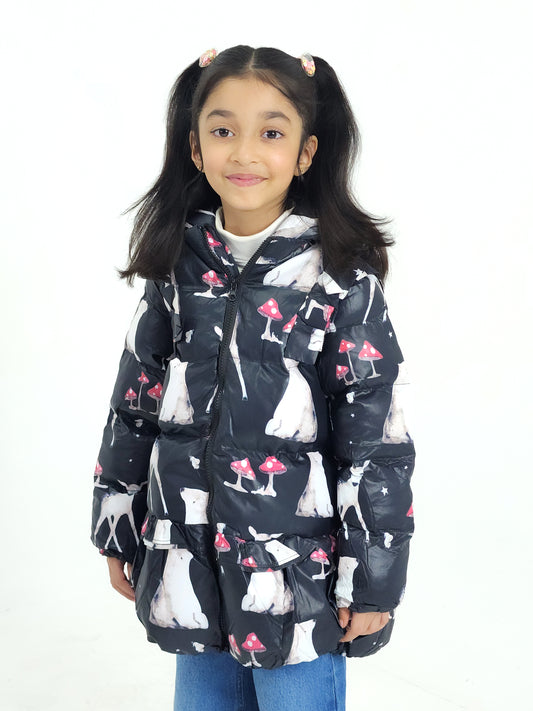 KIDS GIRLS ALL OVER PRINTED PUFFER JACKET